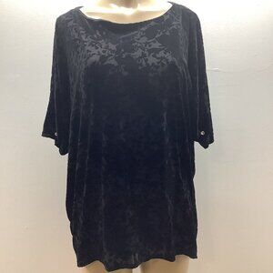 JM Collection Size XL Black Velvet Burnout Split Sleeve W/Stones Floral Top. New